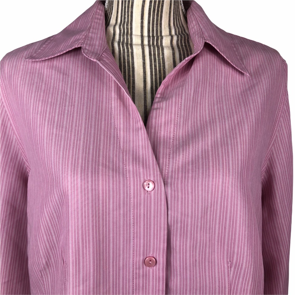 Dress Barn Women's Size L Pink Striped Long Sleeve Button Front V Neck Top